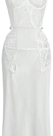 Women's 2 Piece Lace Babydoll Lingerie Set Cut Out Slit Chemise Nightgowns with Thongs