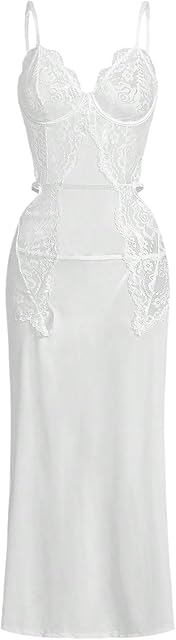 Women's 2 Piece Lace Babydoll Lingerie Set Cut Out Slit Chemise Nightgowns with Thongs