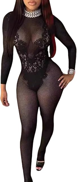 Lace Flower Long Sleeve Jumpsuit for Women, Sexy Mesh Jumpsuit See Through Mesh Party Club Outfit