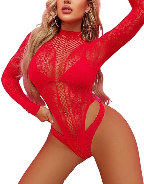 Women's Floral Fishnet Teddy Bodysuit Babydoll High Neck Mesh Lingerie Backless Long Sleeve Clubwear Top Leotard