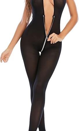 Womens Front Zipper Fishnet Bodystocking Sexy Lingerie Halter Deep V Neck Mesh Bodysuit with Stockings Stretch Tights One Piece Jumpsuit Sleeveless Nightwear Black XS-XL