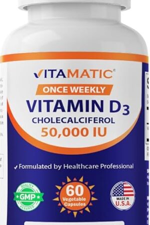 Vitamatic Vitamin D3 50,000 IU (as Cholecalciferol), Once Weekly Dose, 1250 mcg, 60 Veggie Capsules 1 Year Supply, Progressive Formula Helping Vitamin D Deficiencies (60 Count (Pack of 1))