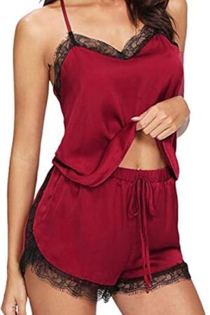 Women's Sexy Silk Satin Ruffled Pajamas Sets Cami Tops and Shorts Lingerie Sets Sleepwear 2 Piece Lounge Pjs Sets