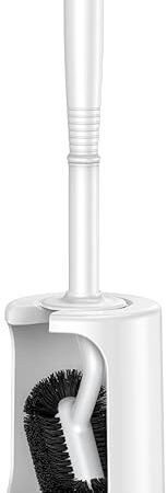 HAMITOR Toilet Bowl Brush Holder Set: Curved Design with Holder for Deep Cleaning Under Rim - Compact Hidden Scrubber for Small Space - Modern RV Bathroom Accessories - White