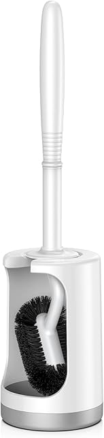 HAMITOR Toilet Bowl Brush Holder Set: Curved Design with Holder for Deep Cleaning Under Rim - Compact Hidden Scrubber for Small Space - Modern RV Bathroom Accessories - White