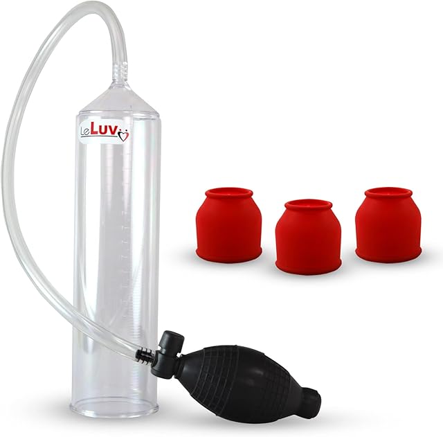 LeLuv Easyop 2.25 Inch by 9 Inch Cylinder Penis Pump Black Bgrip Ball Handle Clear Graduated Cylinder/Clear Collapse-Resistant Hose + 3 Silicone Small Sleeves