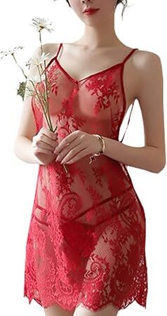Women's Lace See Through Nightdress Mesh Deep V Sexy Cami Lingerie Nightwear Open Back Sheer Babydoll Sleepwear Pajamas (Red,Free Size), One Size