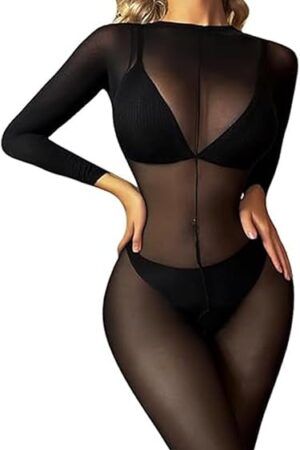 Women Sexy Full Body Stockings Elastic Long Sleeve Bodystocking Nylon One Piece Bodysuit Tights