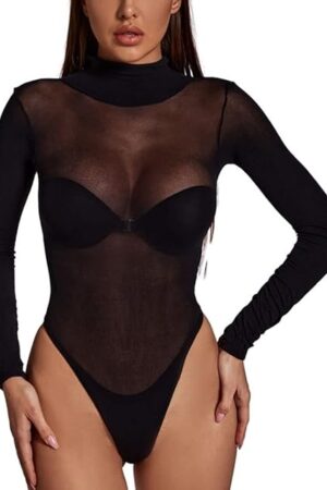Womens Mesh Bodysuit Long Sleeve Top Sheer T Shirt Leotard Blouse One Piece Sexy Bodycon High Collar Uniform