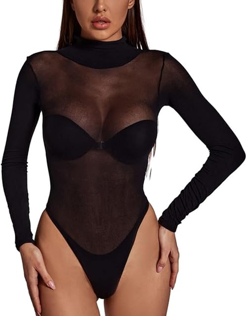 Womens Mesh Bodysuit Long Sleeve Top Sheer T Shirt Leotard Blouse One Piece Sexy Bodycon High Collar Uniform