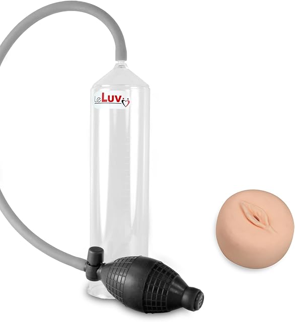 LeLuv Easyop 2.25 Inch by 9 Inch Clear Cylinder Penis Pump Black Bgrip Handle and Uncollapsable Silicone Hose | Grooved Realistic Anatomy Donut