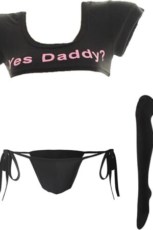 Women Yes Daddy Lingerie Set Japanese Crop Top and Panty Underwear with Stocking