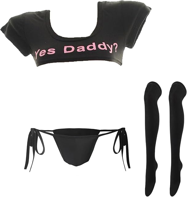 Women Yes Daddy Lingerie Set Japanese Crop Top and Panty Underwear with Stocking