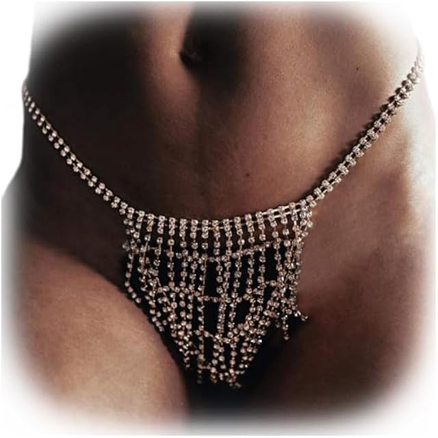 Women Sexy Rhinstone Underwear Thong Panties Bridal Crystal Tassel Body Chain Jewelry Bikini Crystal Waist Body Chain for Nightclub (Silver)