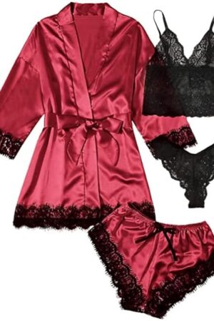 Womens Silk Pajamas Robes Set 4PACKS Sexy Pjs Cami Shorts Satin Sleepwear Lace Loungewear (Wine Red, Large)
