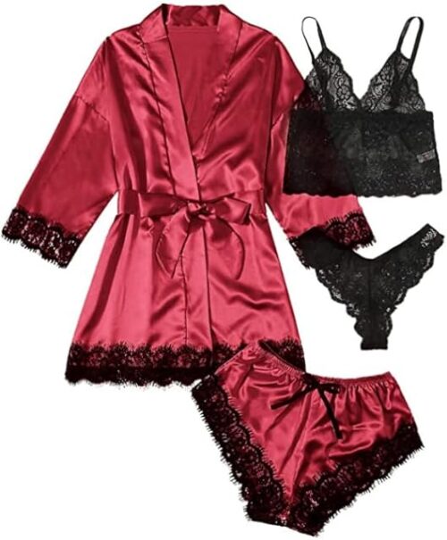Womens Silk Pajamas Robes Set 4PACKS Sexy Pjs Cami Shorts Satin Sleepwear Lace Loungewear (US, Alpha, Medium, Regular, Regular, Wine Red)