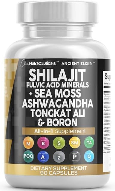 Clean Nutraceuticals Shilajit Supplement for Men with Sea Moss, Tongkat Ali, Ashwagandha, Boron, Zinc, CoQ10, PQQ - Fulvic Acid Capsules - Energy Support - 90 Count - Resin, Gummy & Powder Alternative