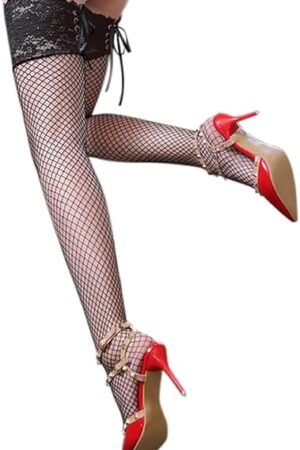 Women's Lace Top Fishnet Thigh High Stockings Vintage Back Lace Up Sheer Mesh Stockings Sexy Lingerie Legwear