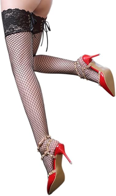 Women's Lace Top Fishnet Thigh High Stockings Vintage Back Lace Up Sheer Mesh Stockings Sexy Lingerie Legwear