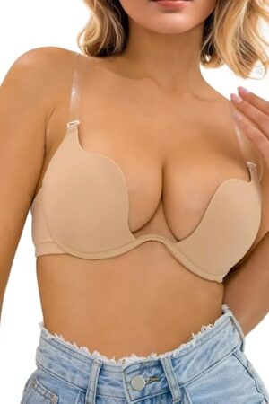 Womens Low Plunge Push Up Bra with Clear Straps Low Cut Convertible Underwire Padded Cleavage Bra