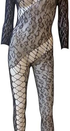 Women Sexy Hollow Out Mesh Bodystocking Leopard Fishnet Lingerie Long Sleeve See Through Bodysuit Jumpsuit Nightwear