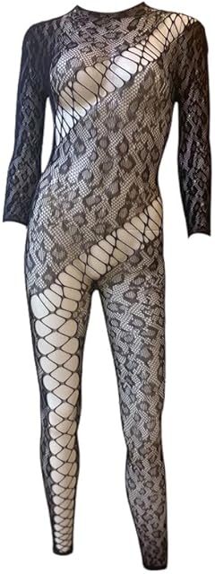 Women Sexy Hollow Out Mesh Bodystocking Leopard Fishnet Lingerie Long Sleeve See Through Bodysuit Jumpsuit Nightwear