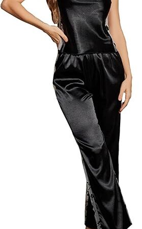 Womens Silk Satin Pajamas Sexy Sheer Mesh Patchwork Lingerie Set Spaghetti Straps Camisole with Long Pants
