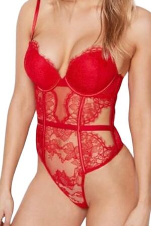 Bombshell Lace Teddy, Push Up, Women's Lingerie, Very Sexy Collection (XS-XL) (Lipstick, Large)