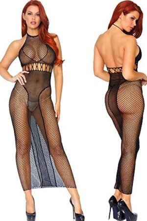 Women's Fishnet Backless Long Halter Dress, Black, One Size