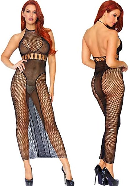 Women's Fishnet Backless Long Halter Dress, Black, One Size