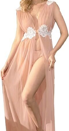 Women Tulle Robe Long Sheer Lingerie Sleeveless Sexy Lace Floral Sleepwear Nightgown