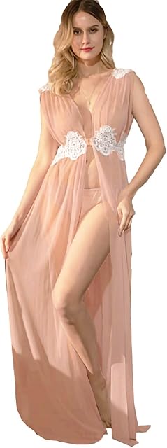 Women Tulle Robe Long Sheer Lingerie Sleeveless Sexy Lace Floral Sleepwear Nightgown