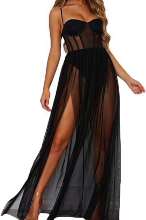 Women High Split Sleeveless Long Maxi Dresses Deep V Neck Sexy Lingerie Dress
