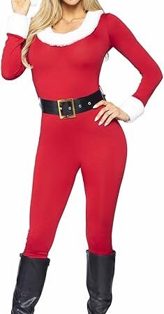 Women's 3 Pc Santa Baby Christmas Holiday Costume with Jumpsuit, Belt, Hat
