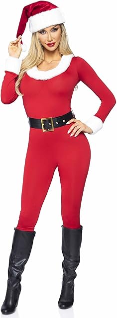 Women's 3 Pc Santa Baby Christmas Holiday Costume with Jumpsuit, Belt, Hat