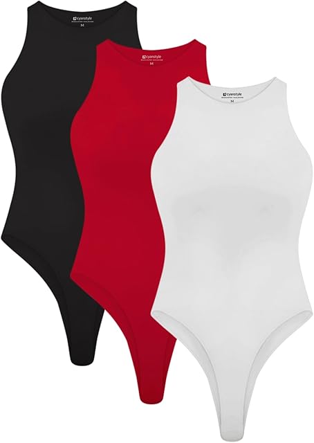 Womens 3 Piece Bodysuits Sexy Sleeveless Racer Back High Neck Double Lined Bodysuit Tank Tops