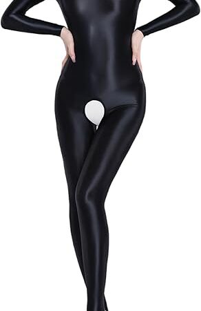 Women's Sexy Oil Shiny Glossy Bodystocking Hollow Out Long Sleeve Full Bodysuit Catsuit