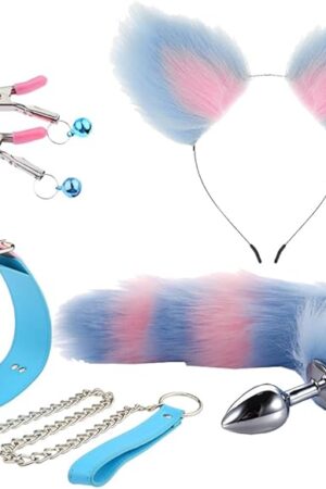 4 Pcs Stainless Steel Anal Butt Plug Set, Sex Toys Furry Fox Tail Anal Plug Cute Ears Headband Leather Choker with Leash Bells Nipple Clips, SM Adult Couple Game Toys (Blue Pink C)