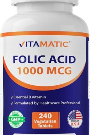 Vitamatic Folic Acid 1000 mcg (1 mg) - Vegetarian Tablets - 1667 mcg DFE - Vitamin B9 (240 Count (Pack of 1))