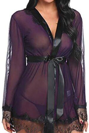 Women Lace Robe Babydoll Nightwear Pajamas Sexy Lingerie Set Mesh Nightdress