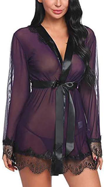 Women Lace Robe Babydoll Nightwear Pajamas Sexy Lingerie Set Mesh Nightdress