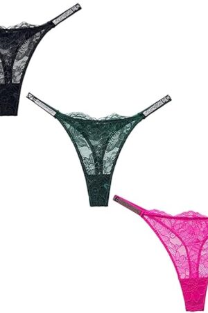 Lace G-String Thongs for Women Sexy Low Waist Tangas Underwear Breathable Rhinestones Thongs Panties 3 Pack