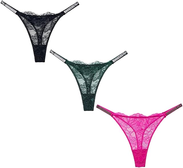 Lace G-String Thongs for Women Sexy Low Waist Tangas Underwear Breathable Rhinestones Thongs Panties 3 Pack
