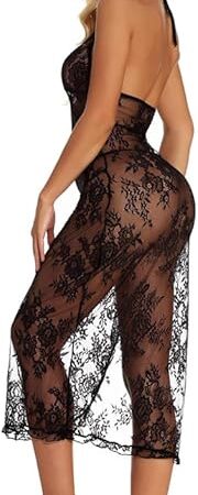 Women's Lace Sexy Long Gown Sleepwear Plus Size See Through Lingerie