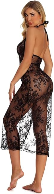 Women's Lace Sexy Long Gown Sleepwear Plus Size See Through Lingerie