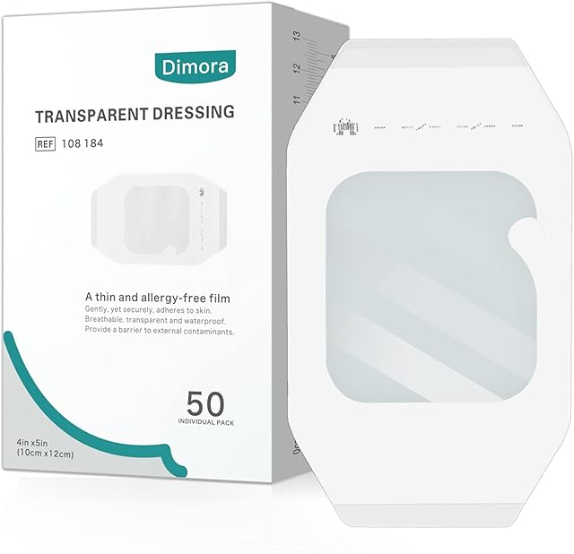 Dimora Transparent Film Dressing 50 Packs, Waterproof Adhesive Clear Bandages 4 in x 5 in, Wound Cover for IV Shield, Tattoo Aftercare Bandage(FSA/HSA Approved))