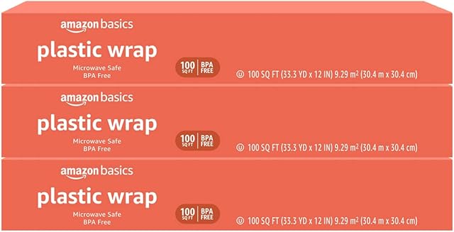 Amazon Basics Plastic Wrap, 300 Sq Ft, Pack of 3, 100 Sq Ft Rolls