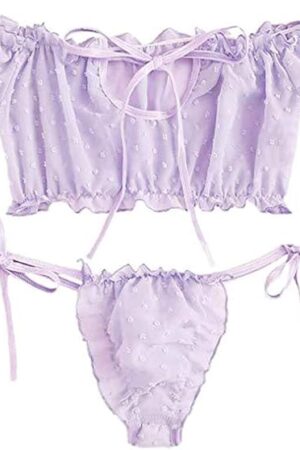Women's Self Tie Ruffle Trim Dobby Mesh Lingerie- Sexy Underwire Cute Push Up Strappy Embroidered Sheer - Bra and Panty Set Ruffle Lingerie Set Mesh (Purple)