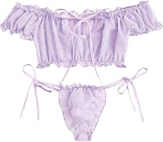 Women's Self Tie Ruffle Trim Dobby Mesh Lingerie- Sexy Underwire Cute Push Up Strappy Embroidered Sheer - Bra and Panty Set Ruffle Lingerie Set Mesh (Purple)