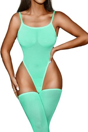 High Cut Bodysuit & Thigh High,Sheer Mesh Spaghetti Strap Sexy Tops Women,Low Back Snap Body Suit Rave Festival Club